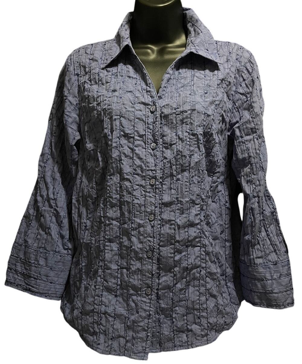 JM Collection Blue / Purple Embroidered Stripe Collared Button Up Blouse Size 8